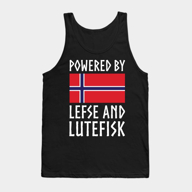 Powered By Lefse and Lutefisk Norway Flag Tank Top by Huhnerdieb Apparel